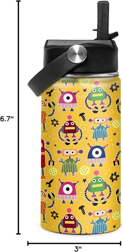Kids Water Bottle with Straw Robot Insulated Water Bottles 12oz Stainless Steel Travel School Tumbler Double Wall Vacuum Cup for Boys Kid