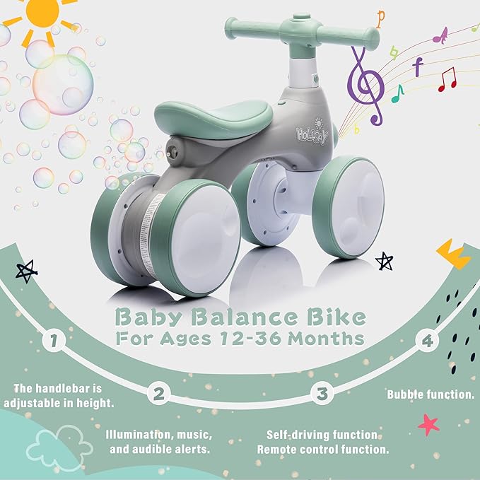 Baby Toddler Balance Bike with Bubble Machine for 1 Year Old Children,4 Wheels Kids Balance Bike w/Bubble Maker,Kids Ride on Toys w/Music,Headlight for Ages 12-36 Months Boys Girls (Light Green)