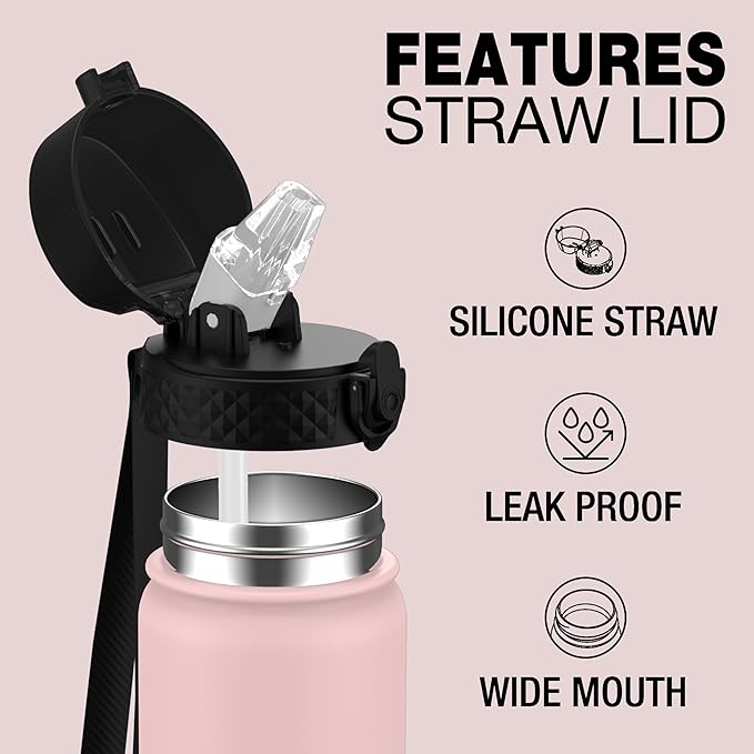 Kids Water Bottle, GOPPUS 14 Oz Stainless Steel Travel Bottle, Double Wall Vacuum Leak Proof Kids Cup for School Boys Girls,Pink