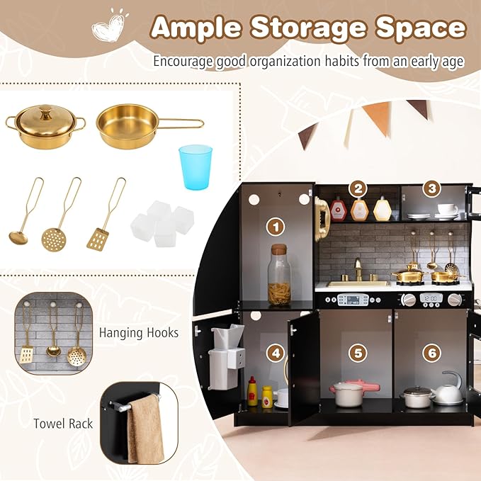 Costzon Kids Kitchen Playset, Wooden Pretend Cooking Toy Set w/Real Sound, Large Blackboard, Telephone, Microwave, Ice Maker, Dishwasher, Oven, Storage Space, Play Kitchen for Kids Ages 3+ (Black)