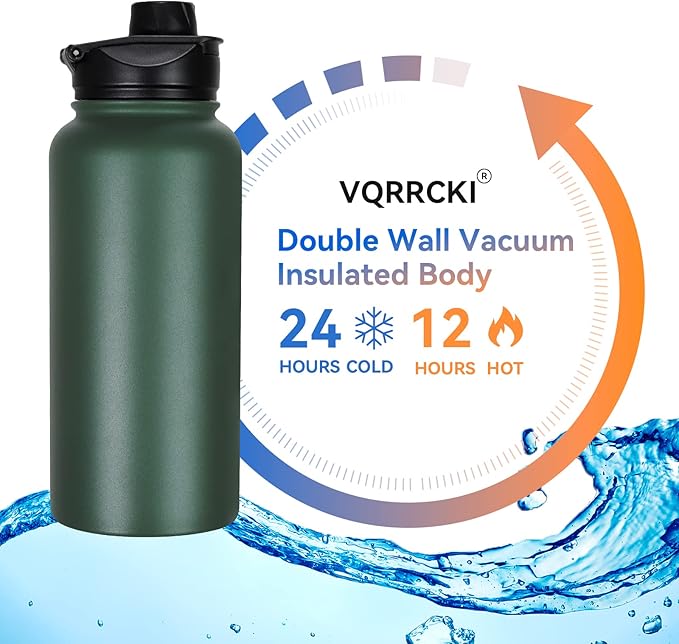 32 oz Insulated Water Bottle Bulk 8 Pack, Stainless Steel Sports Water Bottles with Straw Lid & Wide Mouth Lids, Double Walled Vacuum, Leak Proof, Dark Green