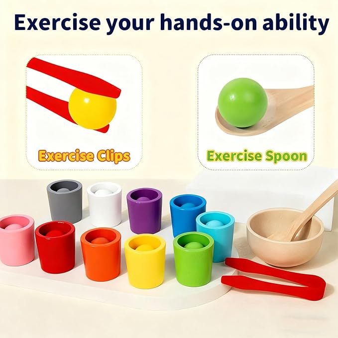 Balls in Cups Toddler Toys, Color Sorting & Matching Game, Wooden Educational Toy for Kids, Color Recognition, Concentration & Cognitive Skill Development, for 1-3 Years Old Toddlers