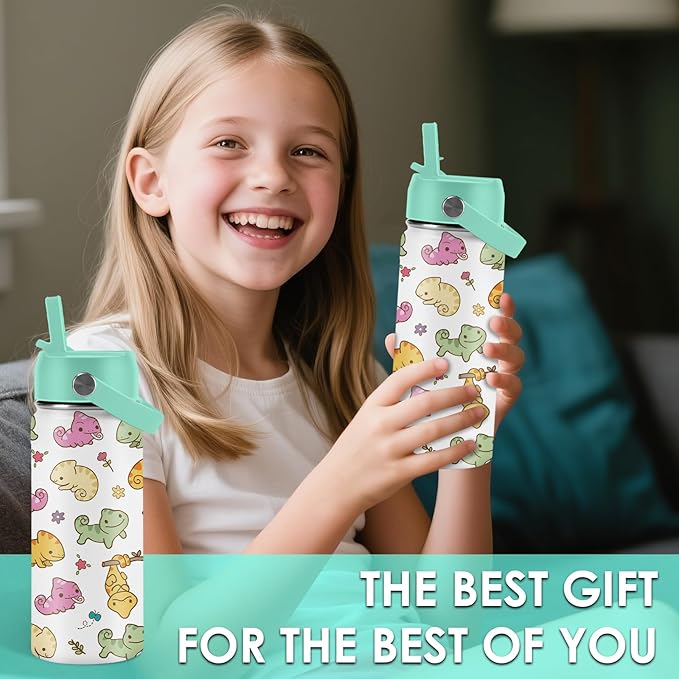 Axolotl Gifts for Girls - 16oz Green Axolotl Water Bottle with Straw Lid, Stainless Steel Insulated Tumbler, Leak Proof, for Boys, Sport, Travel, School - Animal Lovers Children Birthday Gift Cup(1pc)