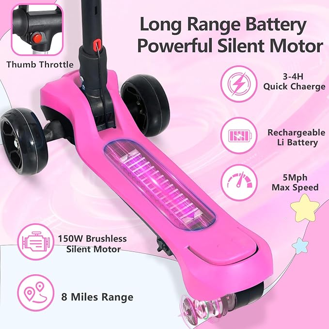 Balance Electric Scooter for Kids Ages 3-12, Full Body Lights Up, Stickers, Wide Deck, 3 Adjustable Heights, 5MPH Safe Speed, 90min Riding, Foldable 3 Wheel Electric Scooter for Kids Boys Girls, Pink
