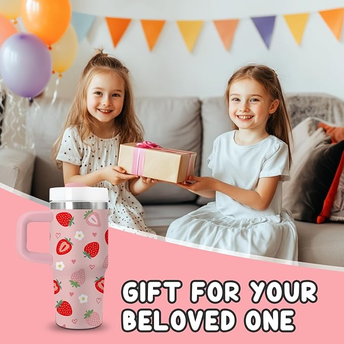 Strawberry Gifts for Girls - 14oz Cute Strawberry Kids Tumbler with Handle and Straw, Stainless Steel Insulated Water Cup, for School, Travel - Strawberries Themed Children Birthday Gifts Cups(1pc)