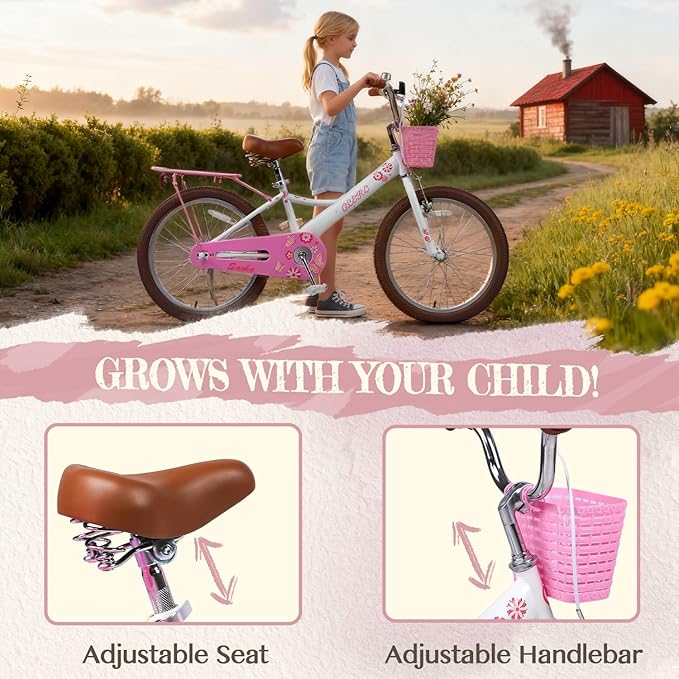 Glerc Sasha Girls Bike, 12-20 Inch Kids Bike for Children Ages 2-13 Years, Kids Bicycle with Doll-Seat & Basket & Training Wheels, Multiple Colors