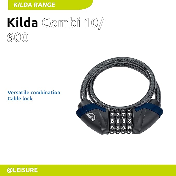 Squire Heavy Duty Bikelock (Kilda Combi) - 4 Wheel Combination Cable Lock - Weatherproof Armoured Steel Combination Bike Lock - Flexible, Tamper Proof Combination Lock All Purpose Use (600 mm)