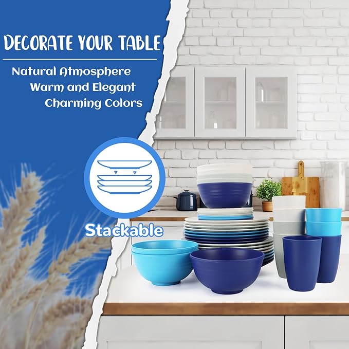 Dinnerware Set 40 PCS Wheat Straw Dishes Set - Service for 8 Unbreakable Plastic Dish Set Microwave Safe Plates and Bowls Sets Lightweight Cups Sets Outdoor Dishes - Island Colors