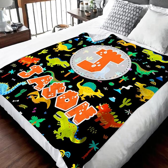 Dinosaur Boys Blankets, Personalized Initial Monogram Blanket for Kids Toddlers, Cute Throws Blanket Gift, Soft Cozy Flannel Throw for Sofa Bed Couch Decor