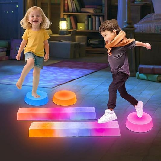 Kids Light Up Balance Beam - 3 Stepping Stones and 2 Balance Beams with 7 LED Light Colors for Active Play for Toddlers Ages 3+, Gymnastics Toy Set for Home/Playground/Party.