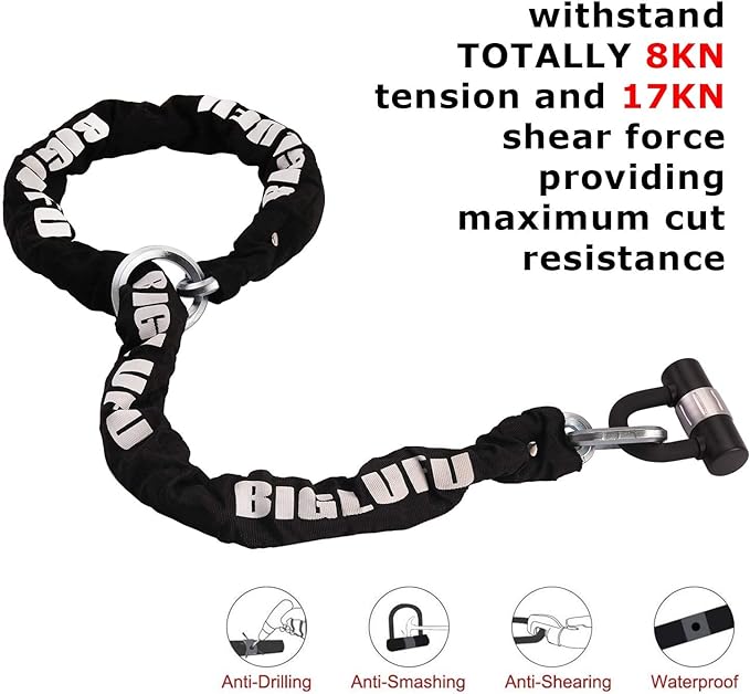 BIGLUFU Motorcycle Lock Chain Locks with 4Keys 16mm U Lock, 150cm/5ft Heavy Duty Long Chain, Cut Proof 12mm Thick Chains, Ideal for Motorcycles, Motorbike, Bike, Generator, Gates, Bicycle, Scooter