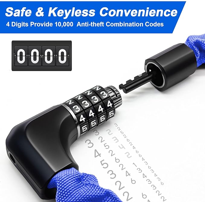 NDakter Upgrade Bike Chain Lock with 4 Digit Combination and 2 Keys, 3.2/4.28 Ft Heavy Duty Anti-Theft Bicycle Lock, 2 Ways to Unlock High Security Scooter Locks for Ebike, Escooter, Door