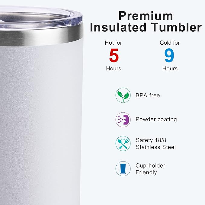 koodee Insulated Tumbler with Straw-12 oz Skinny Tumbler Stainless Steel Double Wall Vacuum Water Cup for Women, Sweat-Free (White)