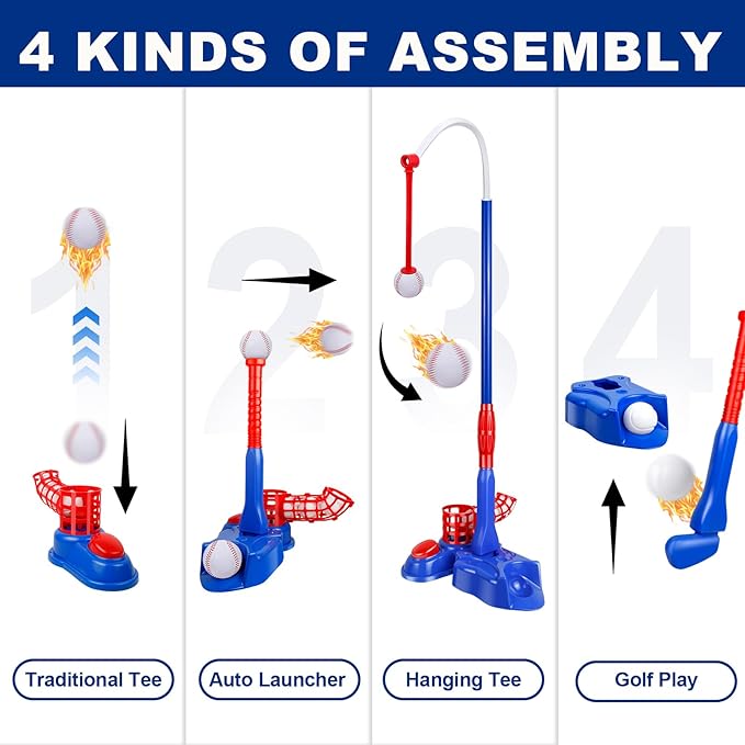 4-in-1 Tee Ball Set for Kids, Adjustable T Ball Set Stand with 6 Balls - Perfect Outdoor Toys for Boys and Girls, Indoor Outdoor Sport Gifts Baseball, Softball, Golf