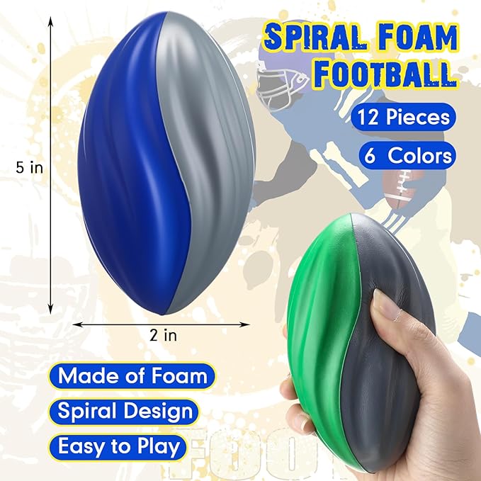 Jerify 12 Pcs Mini Footballs for Kids Spiral Foam Football Bulk 5 Inch Soft Small Waterproof Foam Ball Sports Birthday Toddler Football for Indoor and Outdoor Game (Classic Colors)