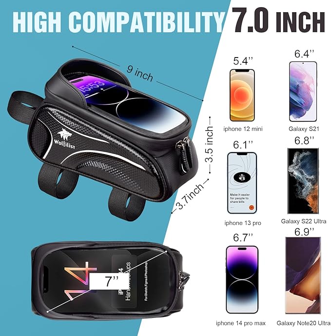 Bike Bag - Waterproof Bike Frame Bag with Sun-Visor Rain Cover, Bike Phone Holder with TPU Sensitive Touch Screen, Handlebar Bag Bicycle Accessories, Large Capacity Suitable Phone Under 7"