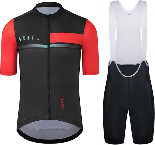 Men's Cycling Jersey Set Cycling Kit Bicycle Jersey Rear Zipper Pocket Bike Bib Shorts with Pockets Race Fit High Density Pad