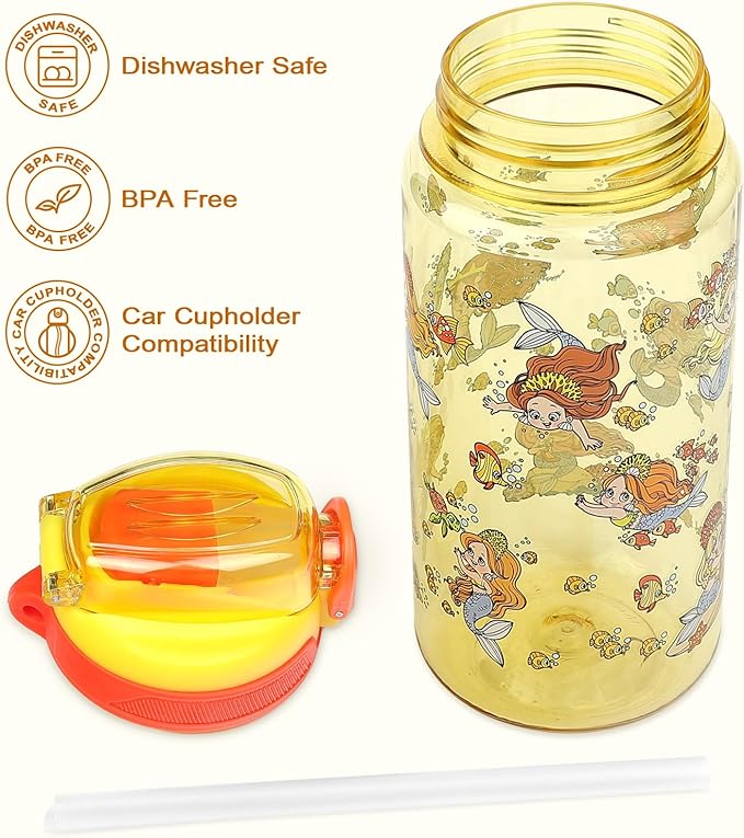 Kids Water Bottle for School or Travel, 20 Oz 2 Pack Durable Plastic Water Bottle with Silicone Straw and Pop-Up Spout Cover, BPA Free & Dishwasher Safe(Mermaid & Princess)