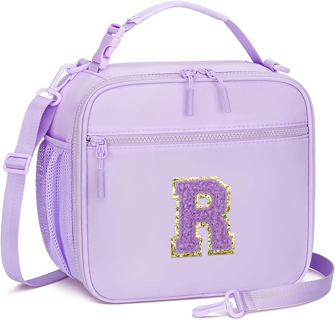 Kids Initial Lunch Bag, Reusable Insulated Lunch Box for Girls Toddlers, Back to School Gift, Leak-proof Cooler Bag for School Daycare Travel Picnic, Purple-R