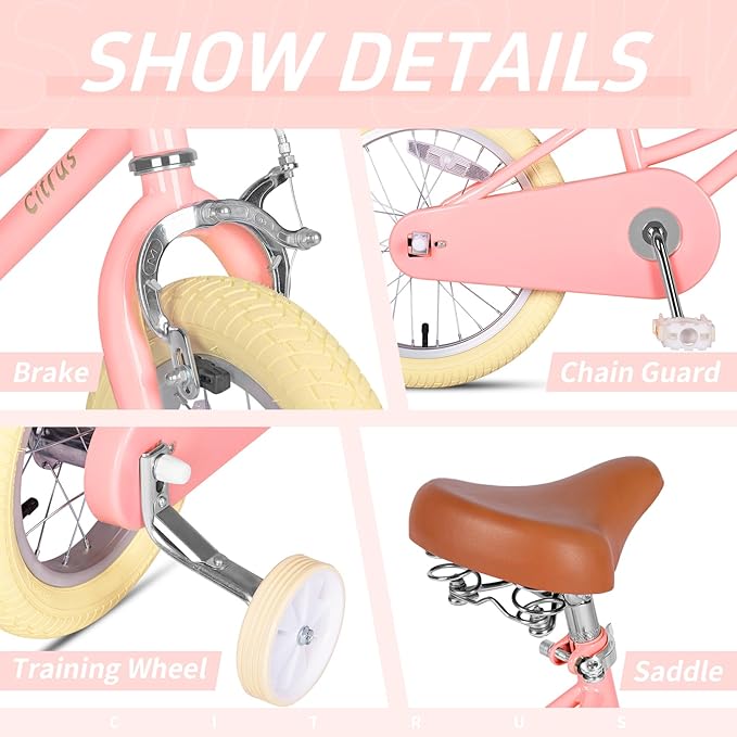 Girls Bike for Age 2-12 Years Old Kids Toddlers 12 14 16 18 20 Inches Retro Bicycles with Training Wheels Basket Bell Ring, Multiple Colors