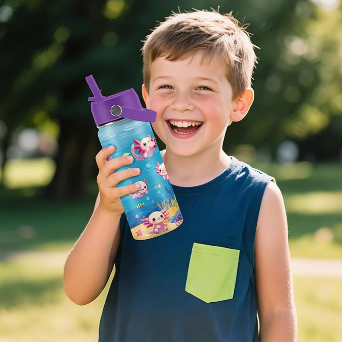 Axolotl Gifts for Girls 16 oz Kids Water Bottle with Straw Lid, Stainless Steel Insulated Tumbler, Leak Proof, BPA-Free,Adorable Ocean Animal Mug Cup for Sports,Travel Children Birthday Gifts (1pc)