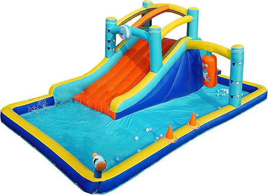 TABU Bounce House with Slide, Inflatable Castle with Splash Pool Water Cannons, Outdoor/Indoor Bouncy House with Air Blower, Ball Pit, Boxing, Climbing Wall, for Kids Aged 3-12(187.2x112x73.2IN)