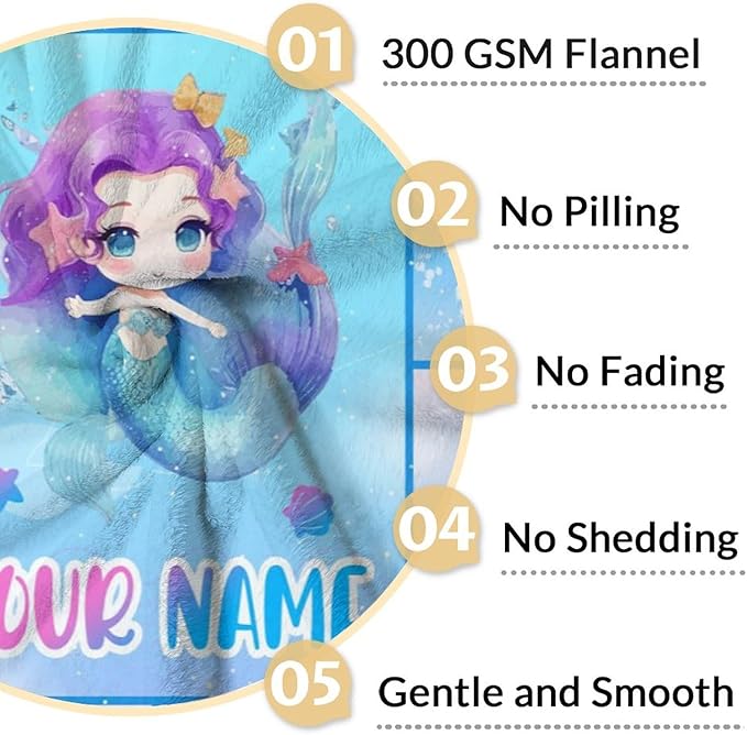 Personalized Mermaid Blanket with Name - Soft, Fuzzy & Warm - 60"x80" Twin Size Blanket for Bed, Couch & Living Room - Blue Cute Throw Gifts for Girls