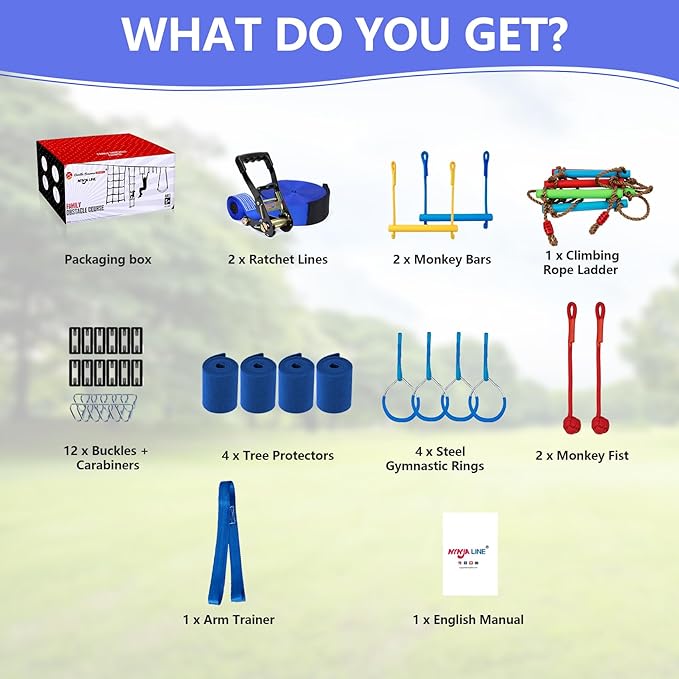 2x56FT Ninja Warrior Obstacle Course for Kids, Ninja Slackline with 11 Accessories, Slackline Kit with Pulley, Rope Ladder, Monkey Bar,Arm Trainer, Climbing Rope