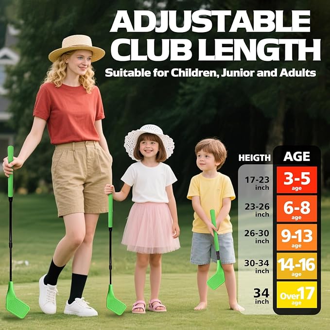 Kids Golf Club Set, Adjustable Backyard Outdoor Indoor Golf Clubs with Oversized Club Heads for Kids, Juniors, and Family Play Golf Game in Grass, Parks, Yards (Green)