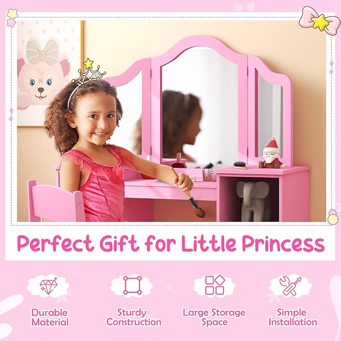 Costzon Kids 2-in-1 Princess Makeup Desk & Chair with Detachable Mirror, Shelves, Dressing Table for Little Girls (Pink)