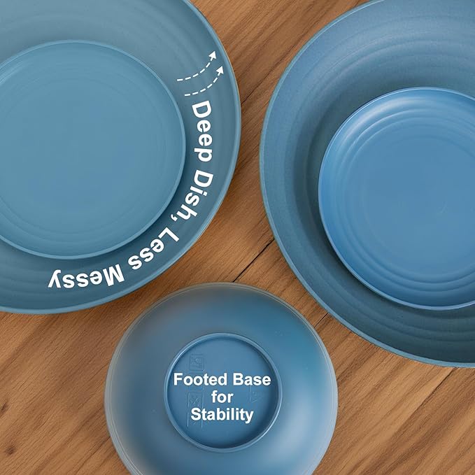 Dinnerware Sets for 8, Wheat Straw Bowls and Plates Set, Microwave and Dishwasher Safe Dish Sets 32 PCS, Unbreakable & Lightweight Camping Plates Cups and Bowls Set for Kitchen - Blue