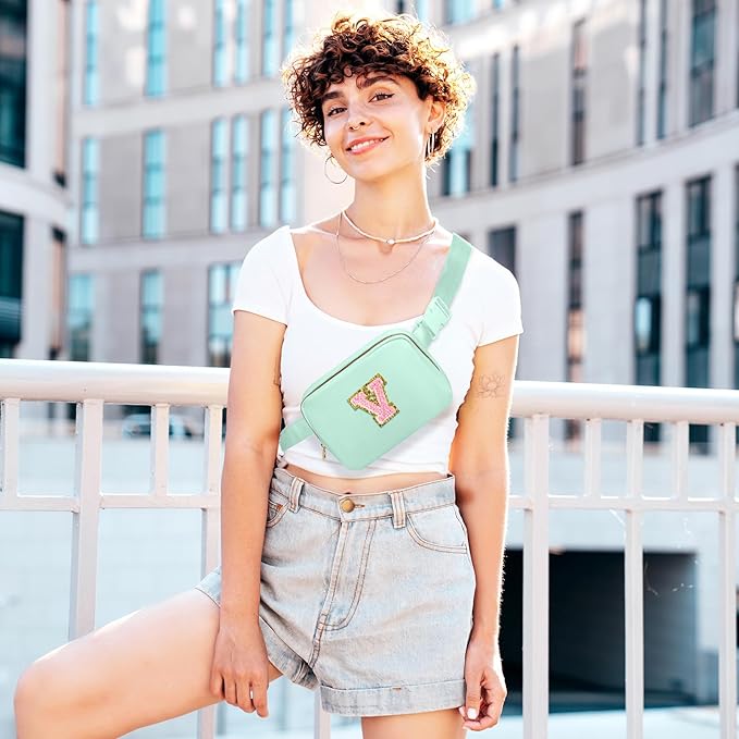 Birthday Gifts for 6 7 8 9 10 11 12 13 Year Old Girls, Personalized Crossbody Bags with Initial Letter Patch Fanny Pack Belt Bag for Teen Girls Cute Travel Essentials Trendy Stuff (Green,V)