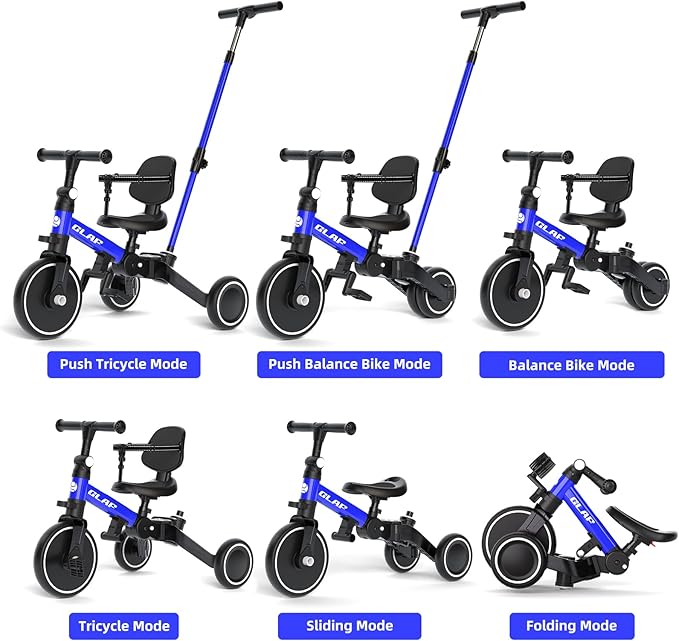 Glaf Tricycle for Toddlers 1-3 Toddler Bike Tricycles with Push Handle 2-4 Years Baby Bike Boys and Girls Balance Bike Birthday Toys with Removable Pedals Adjustable Seat Height and Backrest (Blue)