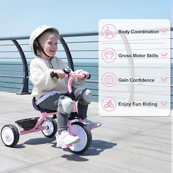 Liberry 2 in 1 Toddler Tricycle Age 2 3 4 Years Old, Kids Trike with Adjustable Push Handle, Bell & Basket, 3 Wheel Bike Riding Toy Birthday for Girls Boys, Light Pink