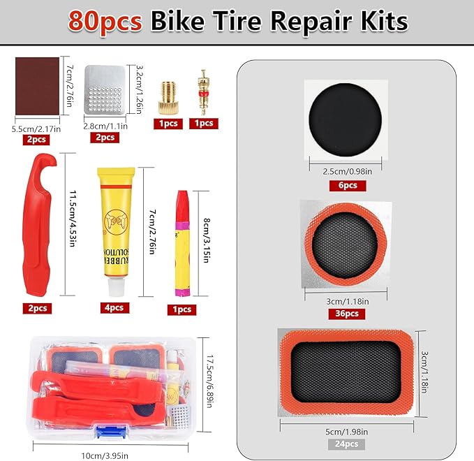 80pcs Bike Tire Repair Kit, Self-Adhesive Bike Tire Patch Kit, Bike Tool Kit with Portable Storage Box and Valve Converter, Bike Repair Kit for Mountain Bikes, Commuter Bikes, Motorcycles