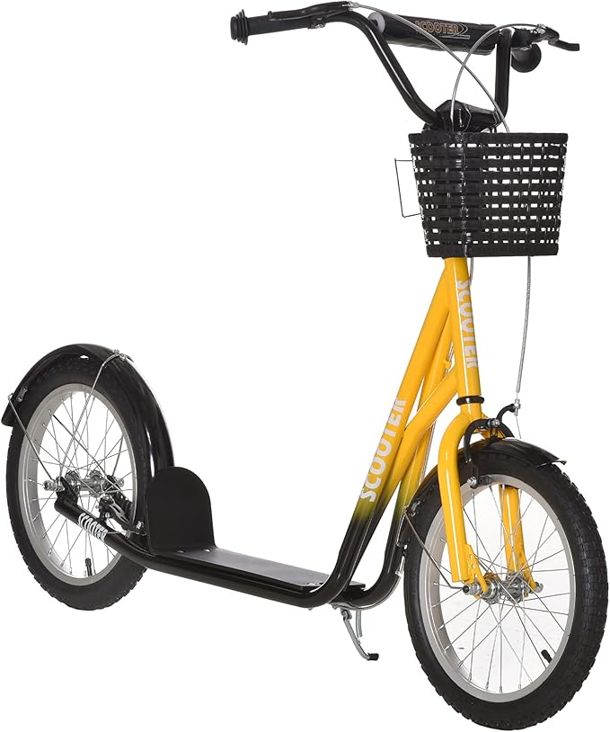 Aosom Youth Scooter, Kick Scooter with Adjustable Handlebars, Double Brakes, 16" Inflatable Rubber Tires, Basket, Cupholder