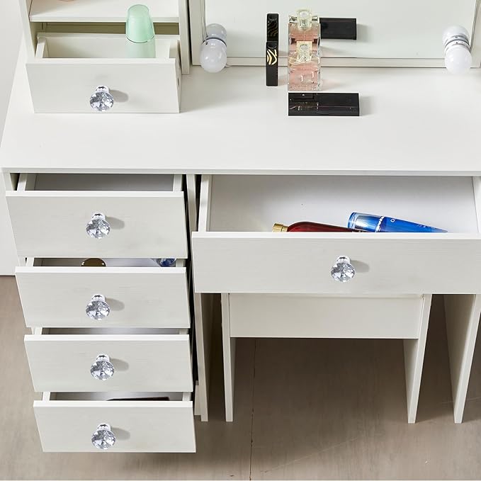 Hollywood Vanity Desk with Mirror and Drawers, Large Tabletop, 3 Color Modes Lighted Mirror Dressing Table, Makeup Vanity Set with Cushioned Stool for Girls and Women