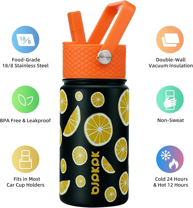 BJPKPK Insulated Water Bottle with Straw Lid, 15 oz Stainless Steel Metal Water Bottles, Reusable Leak Proof BPA Free Thermo, Flask, Cups - Lemon
