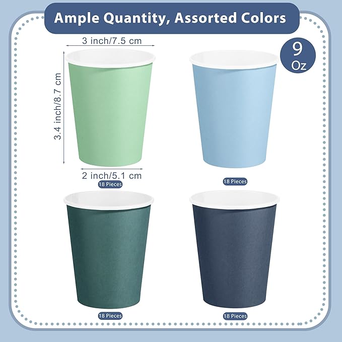 72 Pieces Gradient Blue Paper Cups 9 Oz Disposable Coffee Paper Cups Seascape Blue Green Party Cup Beverage Drinking Cup for Wedding, Birthday, Holiday Party, DIY, and Picnic