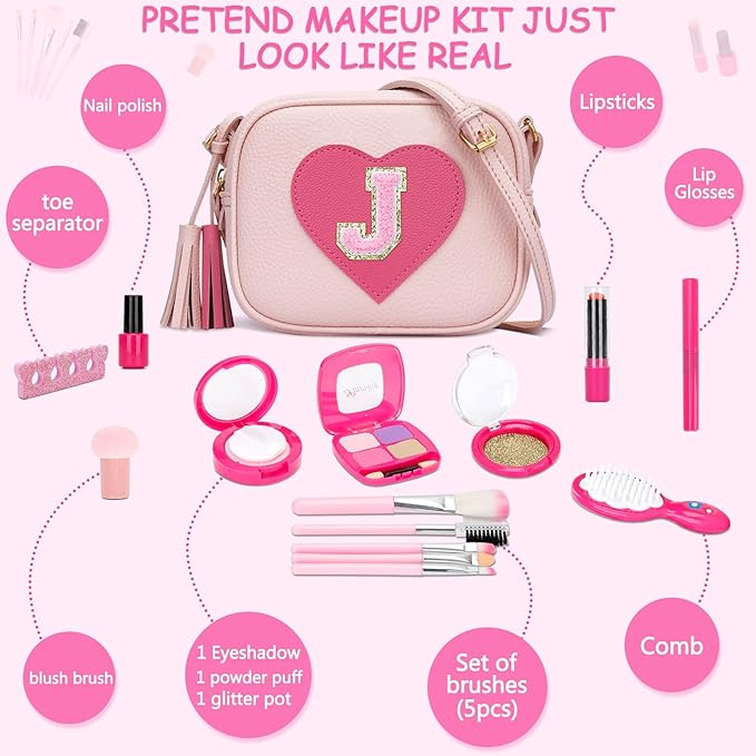 CBEE Kids Pretend Makeup Kit for Girls Non Toxic Make Up Toys Toddler Purse Personalized Gifts for 3 4 5 6 7 8 Year Old Girls (J)