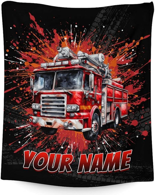 Personalized Fire Truck Blanket for Boys - Cozy Fuzzy Flannel Throw Gifts for Teens, Men - Firefighter Throws Blankets Decor for Couch, Sofa