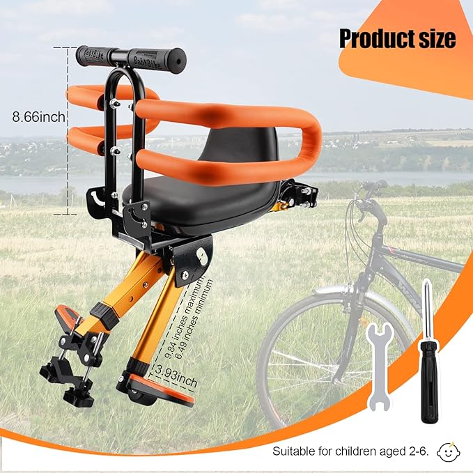 Kids Bike Seat with Handlebar Attachment, Detachable Front Mounted Child Bicycle Seats with Foot Pedals for Children 2~5 Years, Compatible with All Adult Mountain Bikes (Handle+Seat)