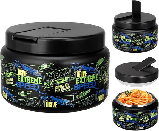 13.5oz Kids Soup Jar for Hot Food Vacuum Insulated Food Jar with Buckle Lid, Stainless Steel Wide Mouth Leak Proof Lunch Container for School Picnic Travel (Car Black)