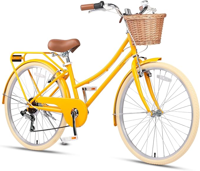 Glerc 20 24 26 Inch Beach Cruiser Bike, 6-Speed Hybrid City Bicycle for Girls Youth and Over 6 Years Old, Missy Bike with Wicker Basket & Lightweight, Multiple Colors