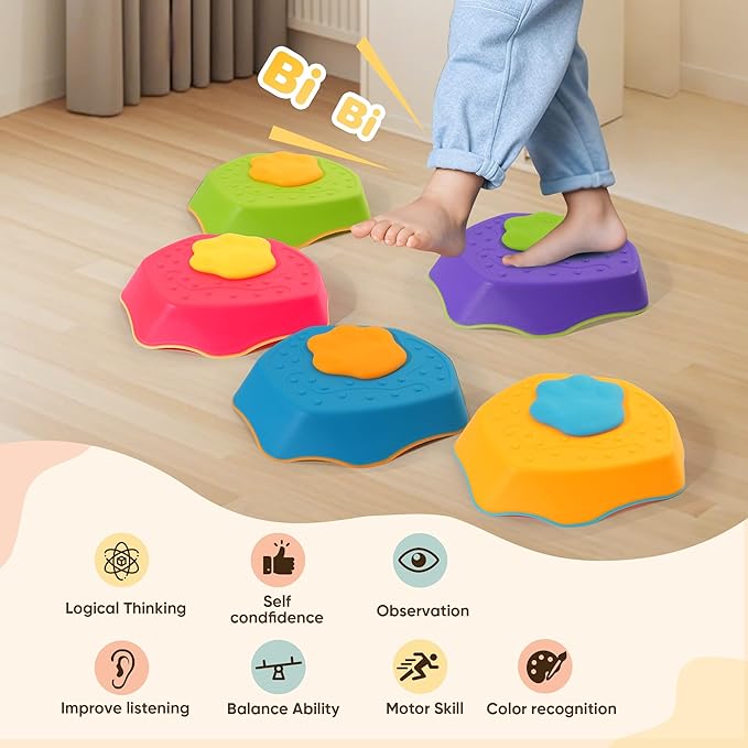 5-Pack Stepping Stones for Kids with Sound Effects - Balance & Coordination Toys for Toddlers Ages 3+, Indoor/Outdoor Play with Interactive Sensory Feedback