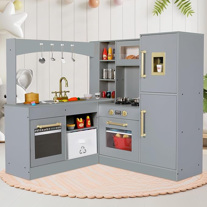 Arlopu Corner Wooden Play Kitchen with Lights & Sounds, Ultimate Pretend Cooking Toy Playset w/Utensils, Oven, Microwave, Stove, Water Dispenser (Gray)