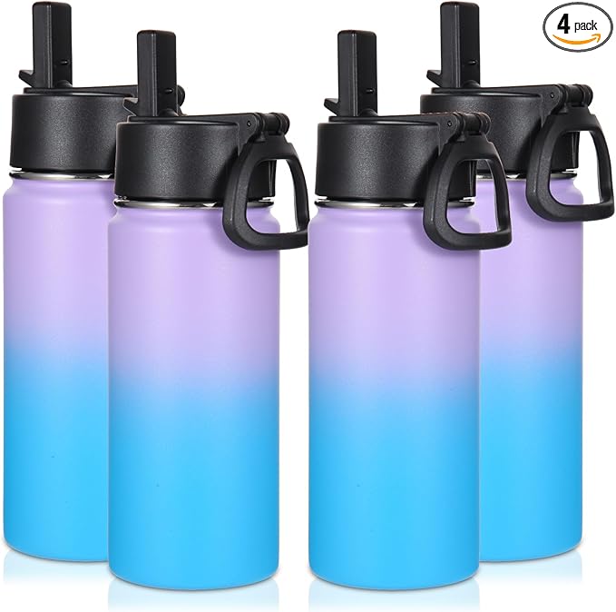 Volhoply 16 OZ Kids Water Bottle Bulk 4 Pack,Insulated Sports Bottles with Straw Lid,Stainless Steel Bottle with Handle Keep Cold,Double Wall Vacuum Tumbler Cups for School,Girl(Lavender Blue, 4