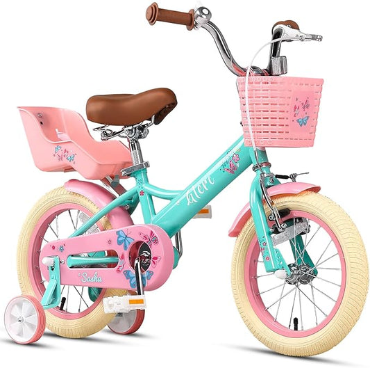 Glerc Sasha Girls Bike, 12-20 Inch Kids Bike for Ages 2-13 Years Old Children, Retro Vintage Style Kids Bicycle with Doll Bike Seat, Basket and Training Wheels, Multiple Colors