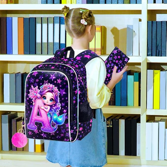 CCJPX 16" Mermaid Backpack for Girls, 3Pcs Kids Bookbag with Lunch Box, Water Resistant Elementary School Bag for Kindergarten Preschool Toddler (Black)