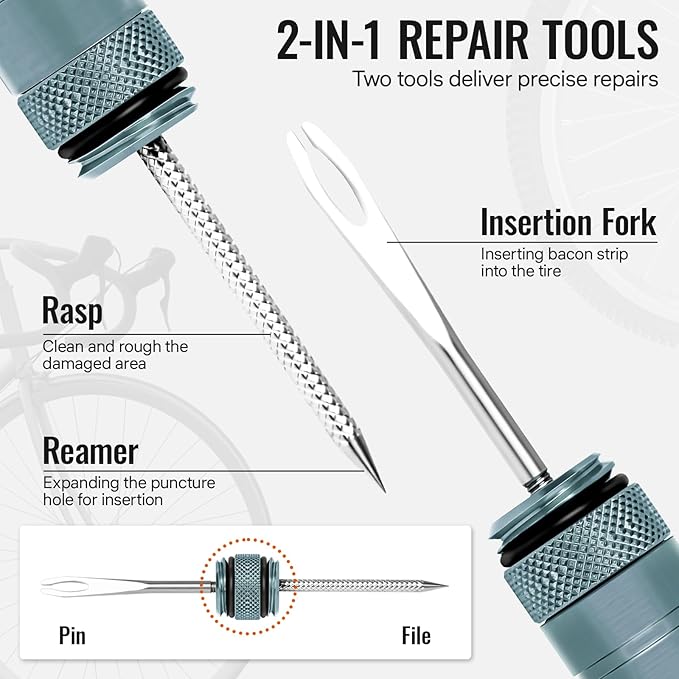 BWSHLF Tubeless Bike Tire Repair Kit for Mountain Bikes & Road Bicycles, Tubeless Tire Plug Kit with Storage Canister, Reamer, Insertion Fork, 10 Bacon Strips, Fix a Puncture or Flat, No Glue Needed